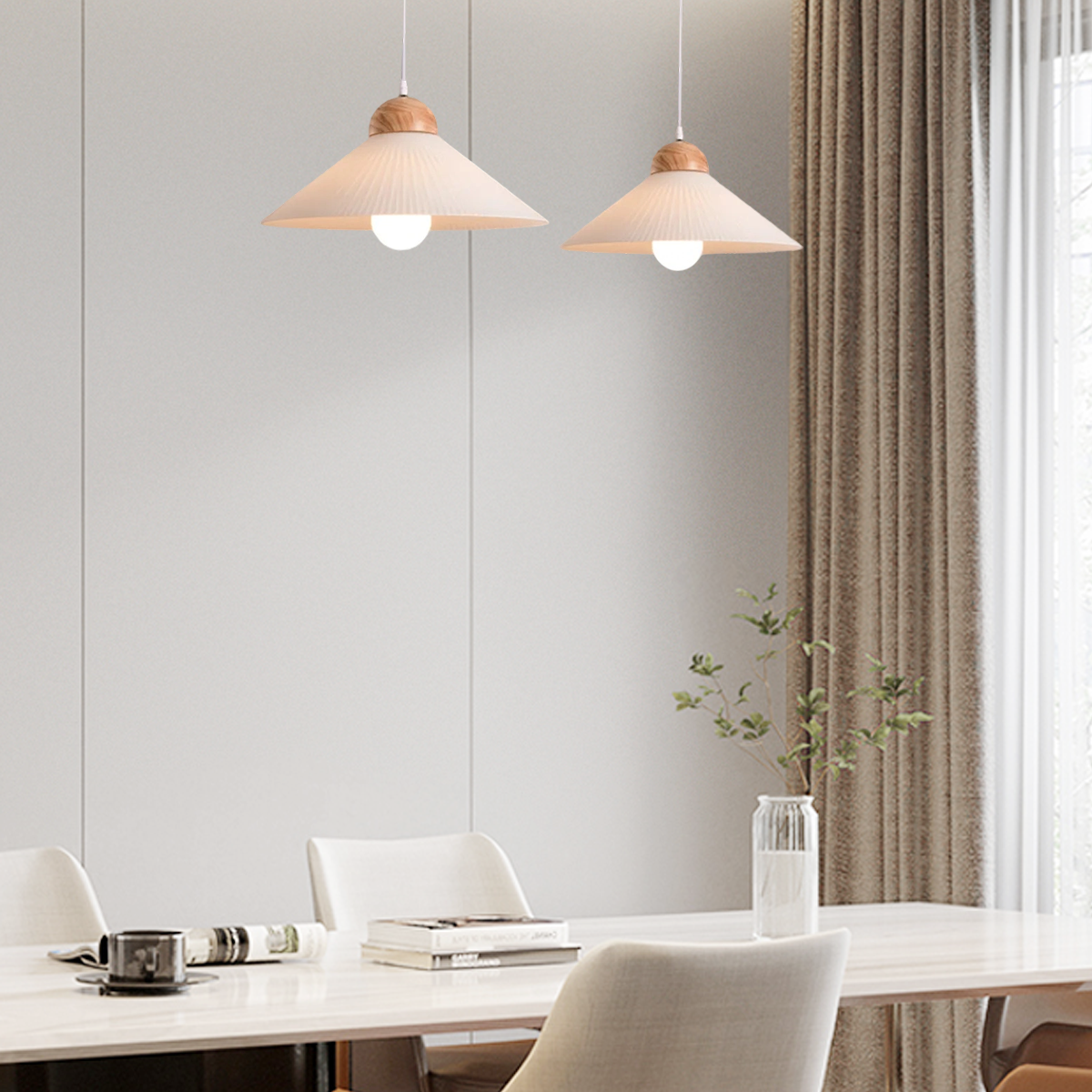 Modern Wood & Glass Pendant Light — Brown Conical Shade for Dining Room - Flindria