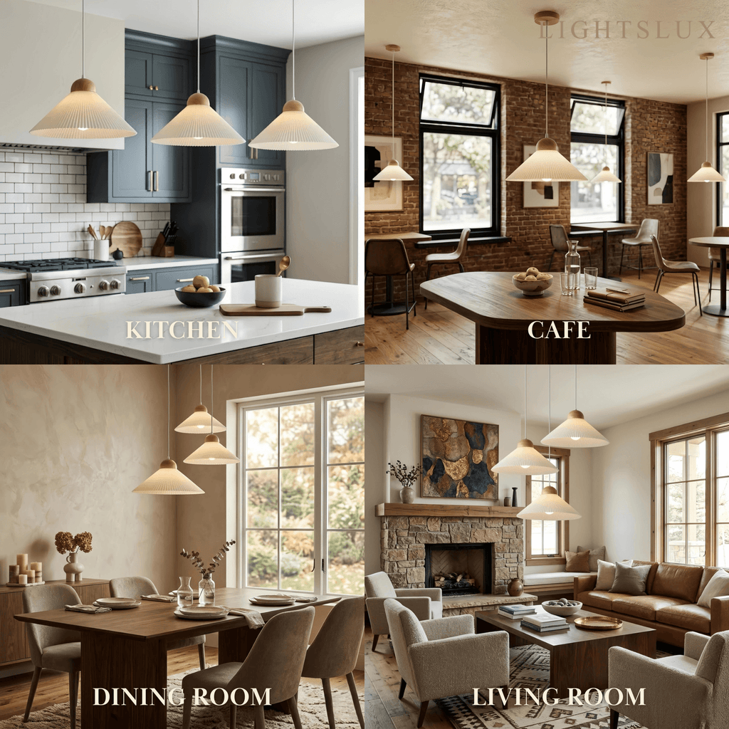 Modern Wood & Glass Pendant Light — Brown Conical Shade for Dining Room - Flindria