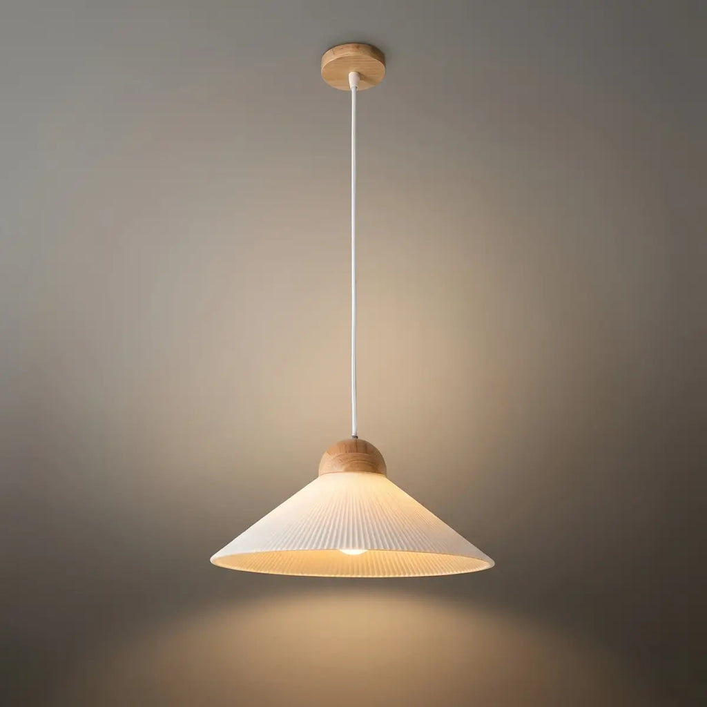 Modern Wood & Glass Pendant Light — Brown Conical Shade for Dining Room - Flindria