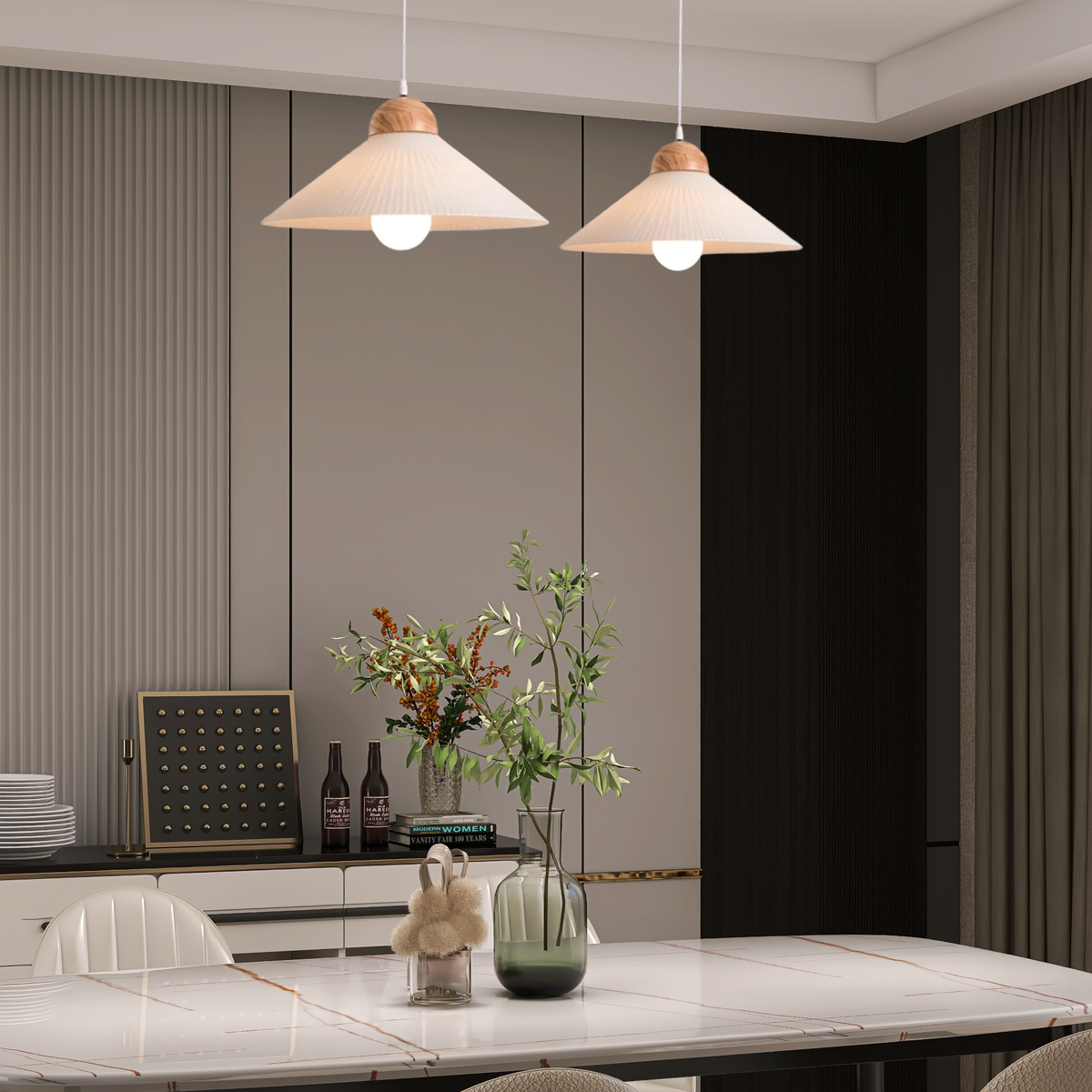 Modern Wood & Glass Pendant Light — Brown Conical Shade for Dining Room - Flindria