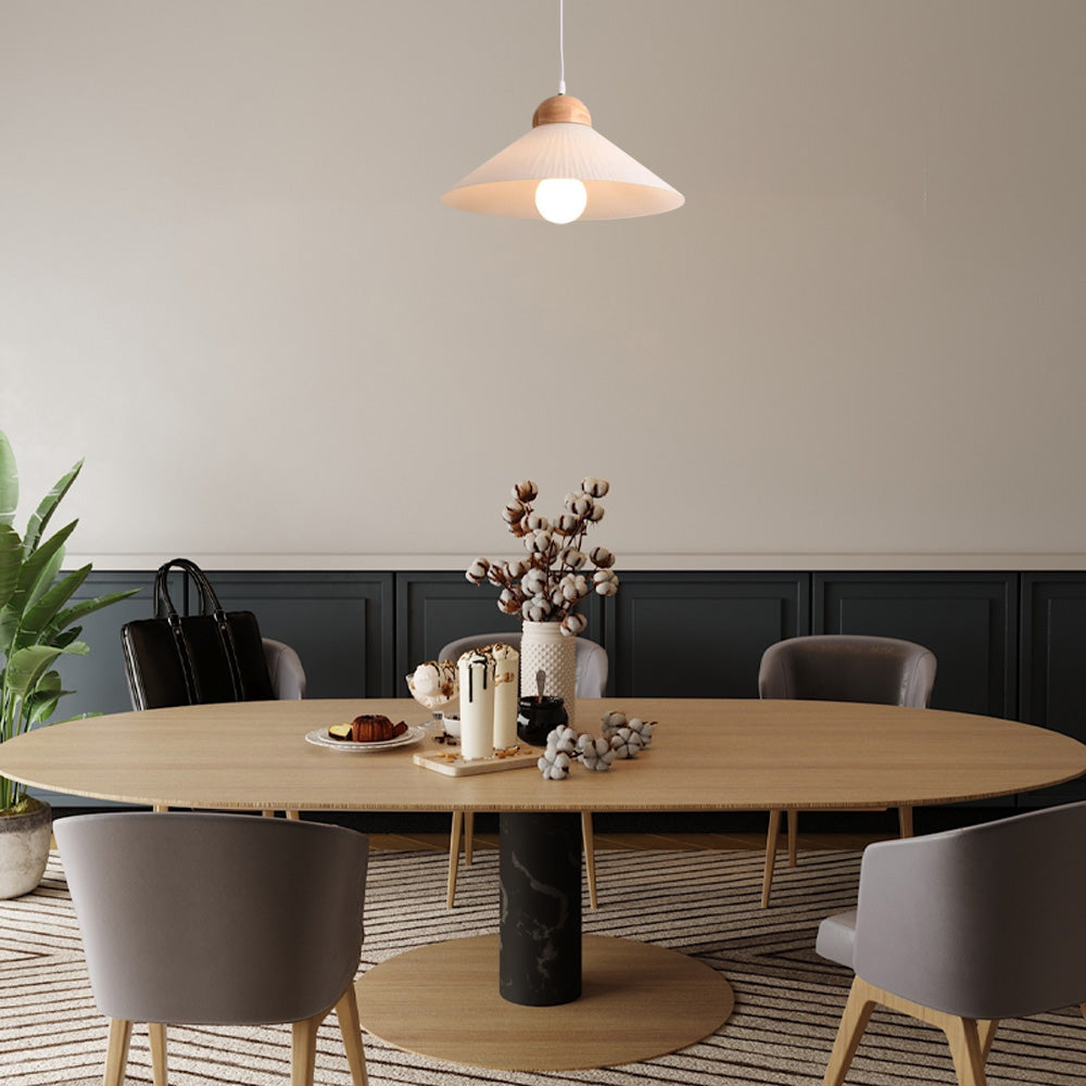 Modern Wood & Glass Pendant Light — Brown Conical Shade for Dining Room - Flindria