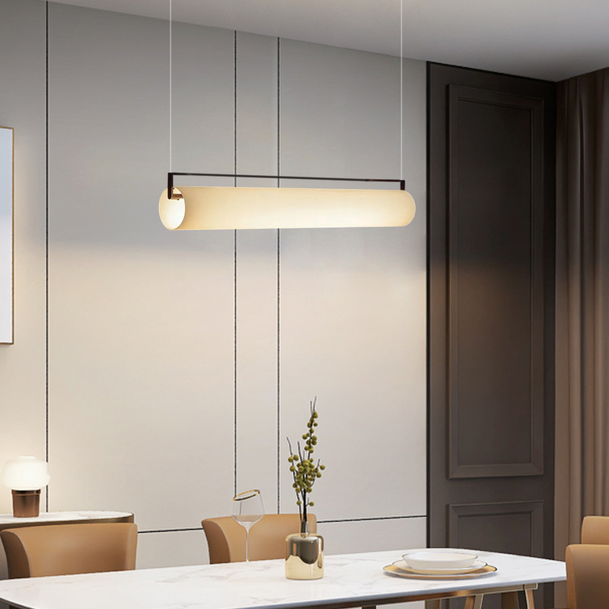 Modern Designer White Pendant Light – Cylindrical Metal & Acrylic Fixture for Dining Room - Flindria