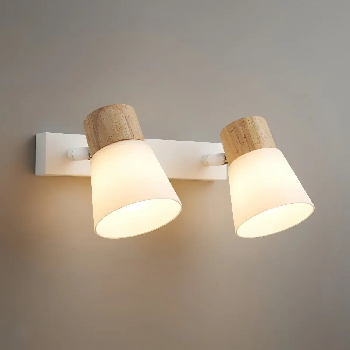 Luz de tocador blanca moderna – Pantallas cónicas de madera y vidrio para baño - Flindria