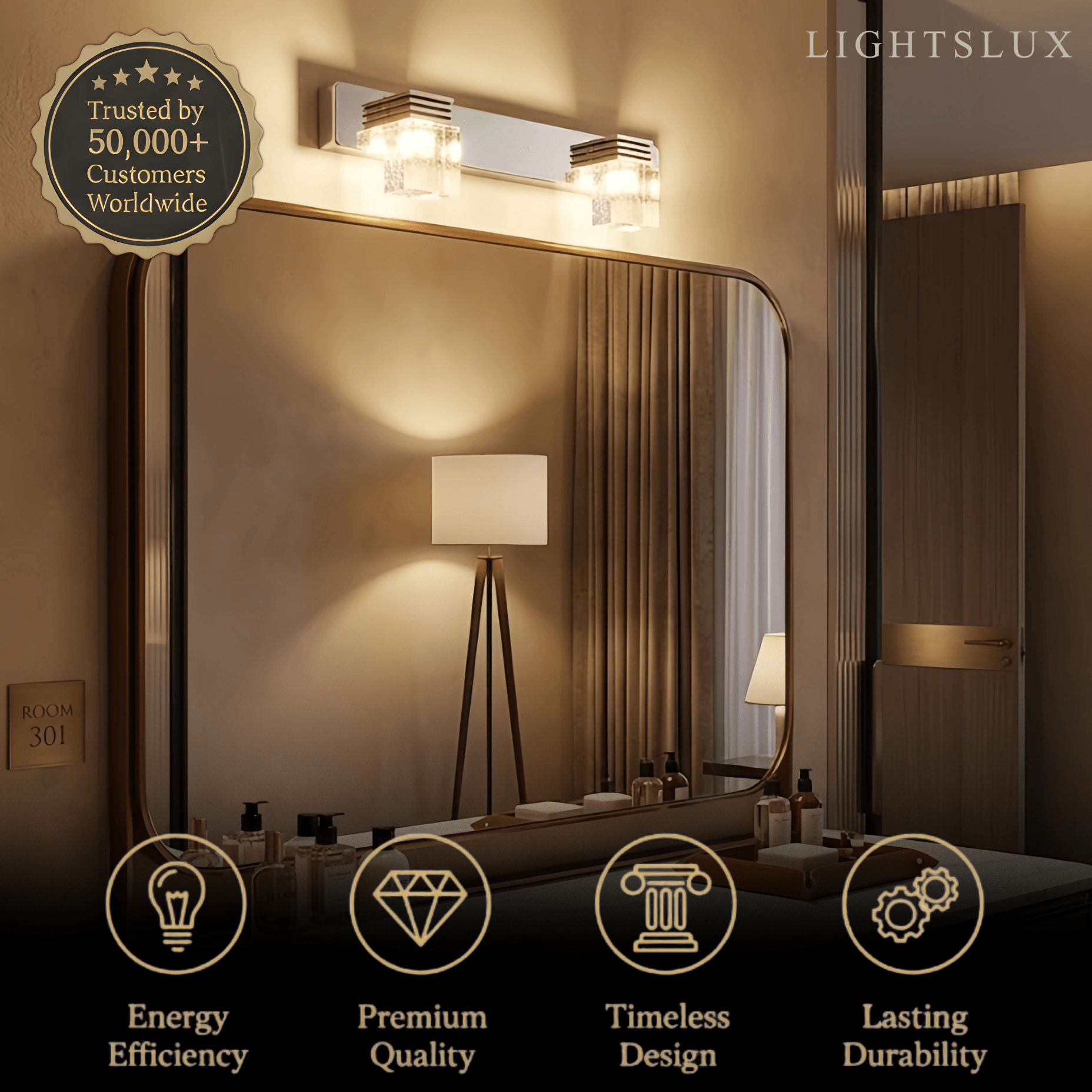 Luz de tocador cuadrada moderna— marco de cristal y metal IP44 para baño - Flindria