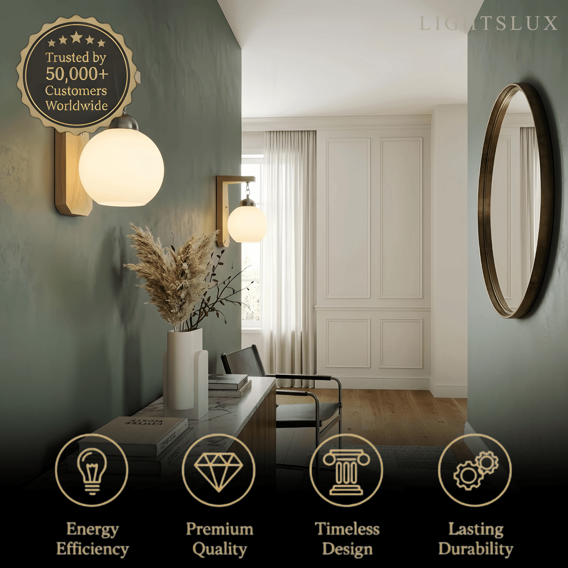 Nordic Beige Vanity Light – Wood & Metal Frame with Glass Globe for Bedroom - Flindria