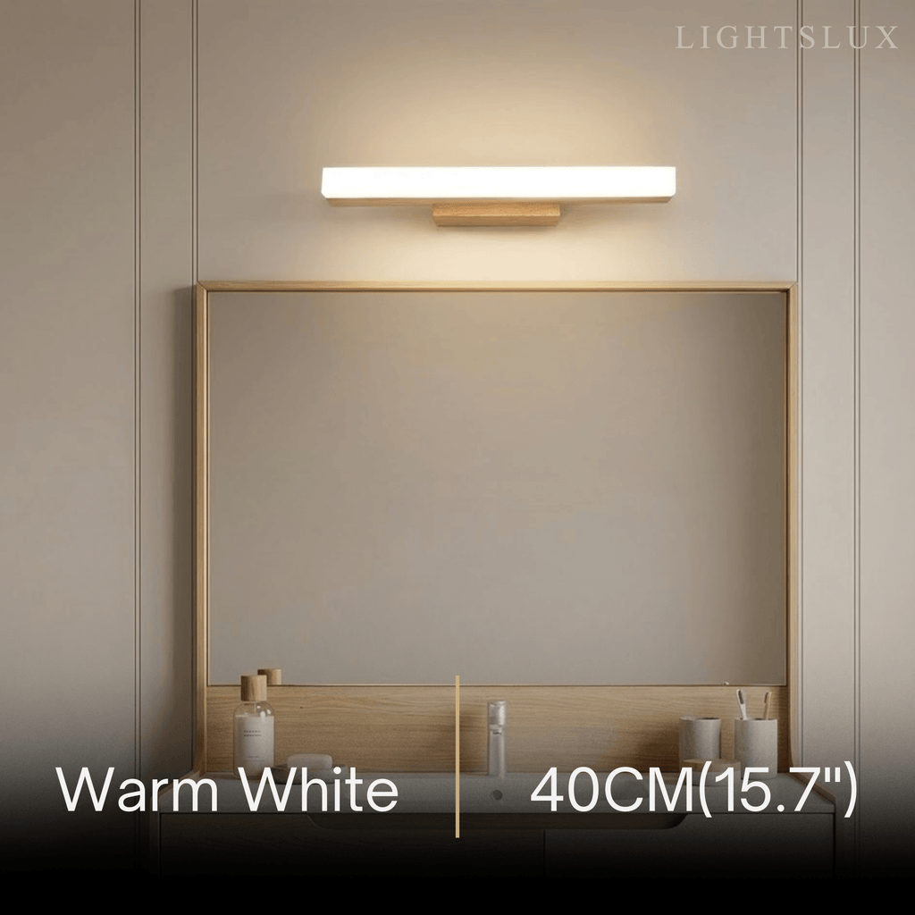 Minimalist Wall Lamp - Mirror Front Linear Design in Wood for Bathroom - Flindria