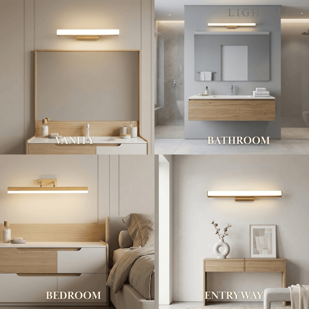 Minimalist Wall Lamp - Mirror Front Linear Design in Wood for Bathroom - Flindria