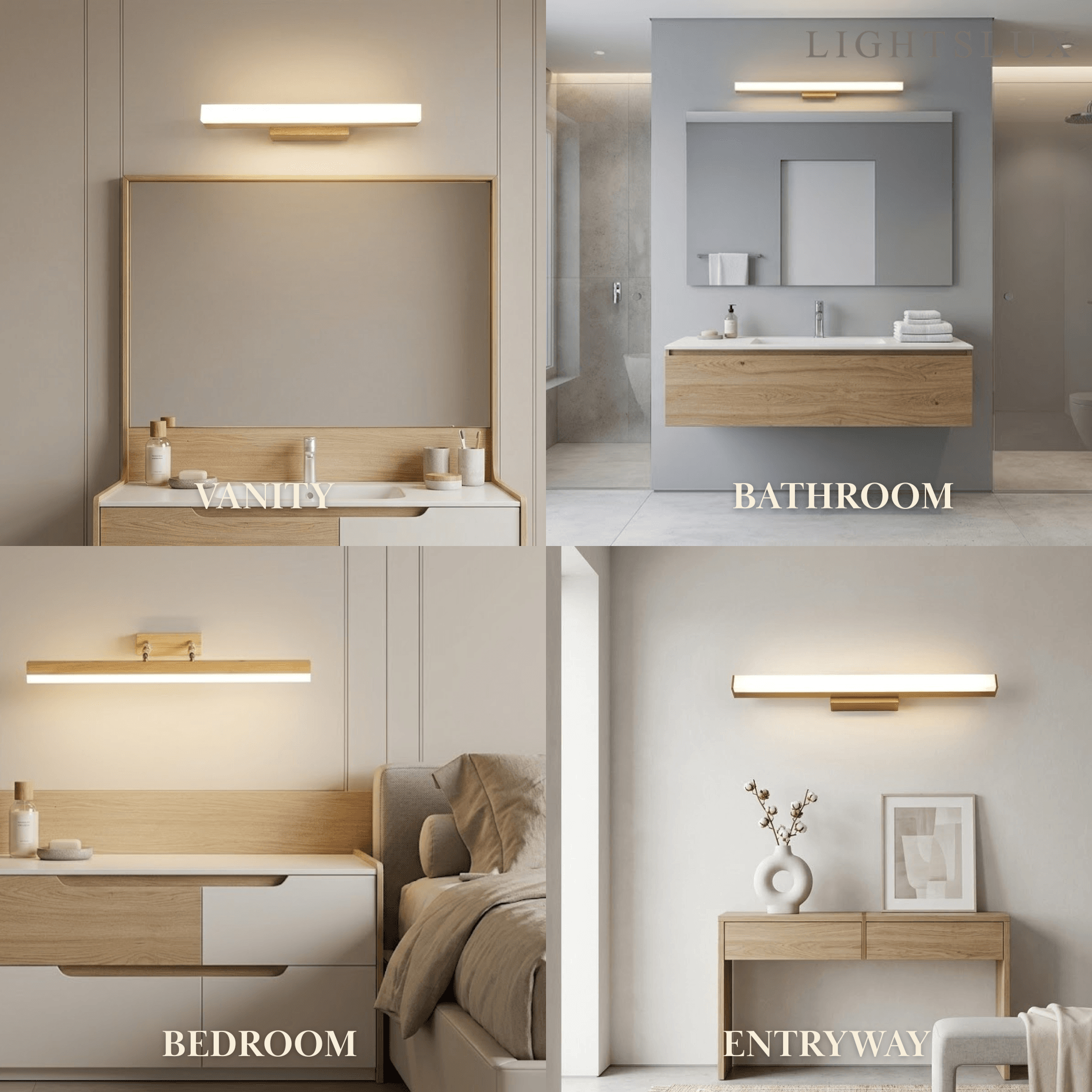 Minimalist Wall Lamp - Mirror Front Linear Design in Wood for Bathroom - Flindria