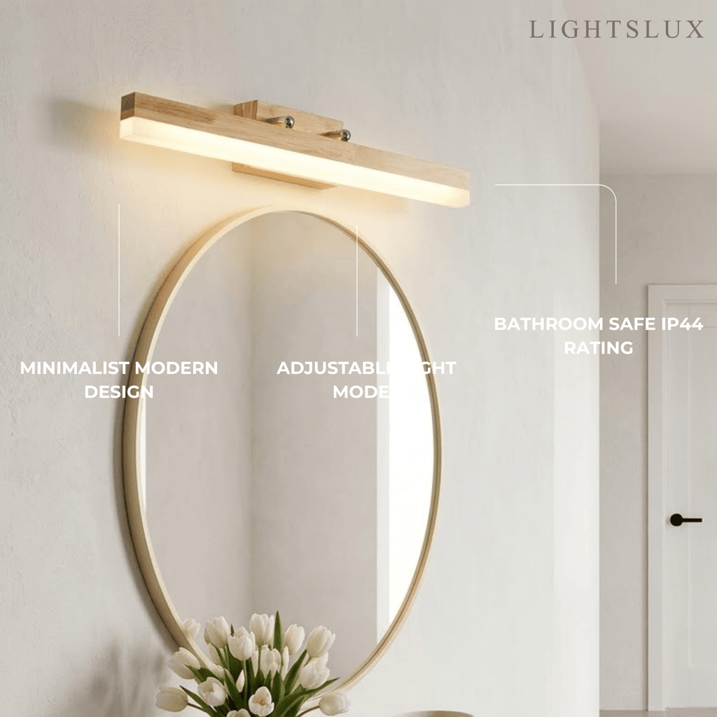 Minimalist Wall Lamp - Mirror Front Linear Design in Wood for Bathroom - Flindria