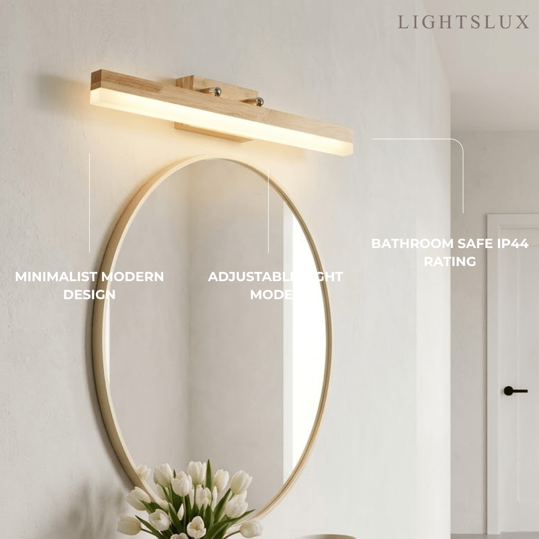 Minimalist Wall Lamp - Mirror Front Linear Design in Wood for Bathroom - Flindria