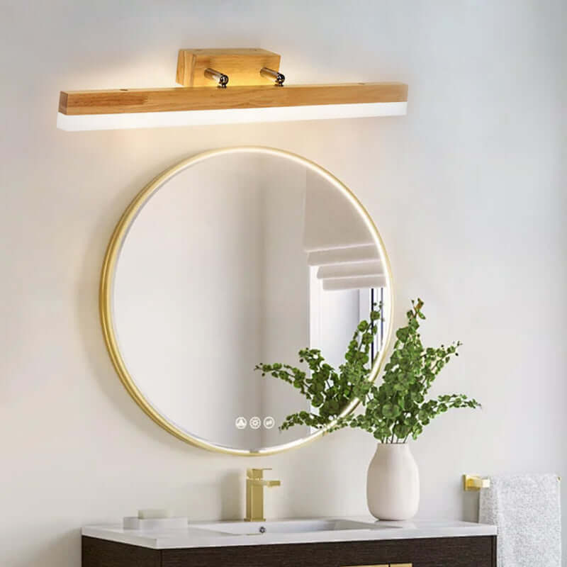 Minimalist Wall Lamp - Mirror Front Linear Design in Wood for Bathroom - Flindria