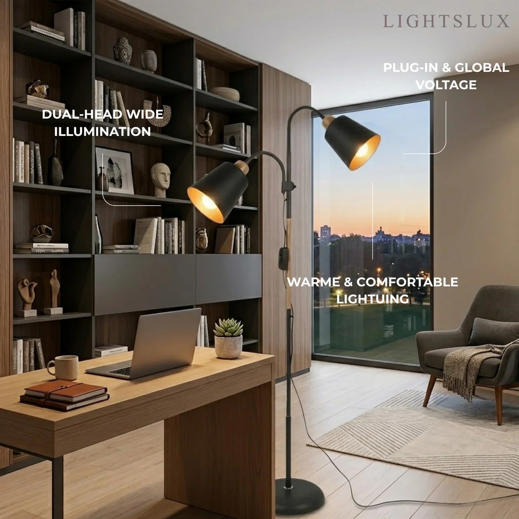 Modern Double Head Floor Lamp — Black/White Metal with Adjustable Living Room - Flindria