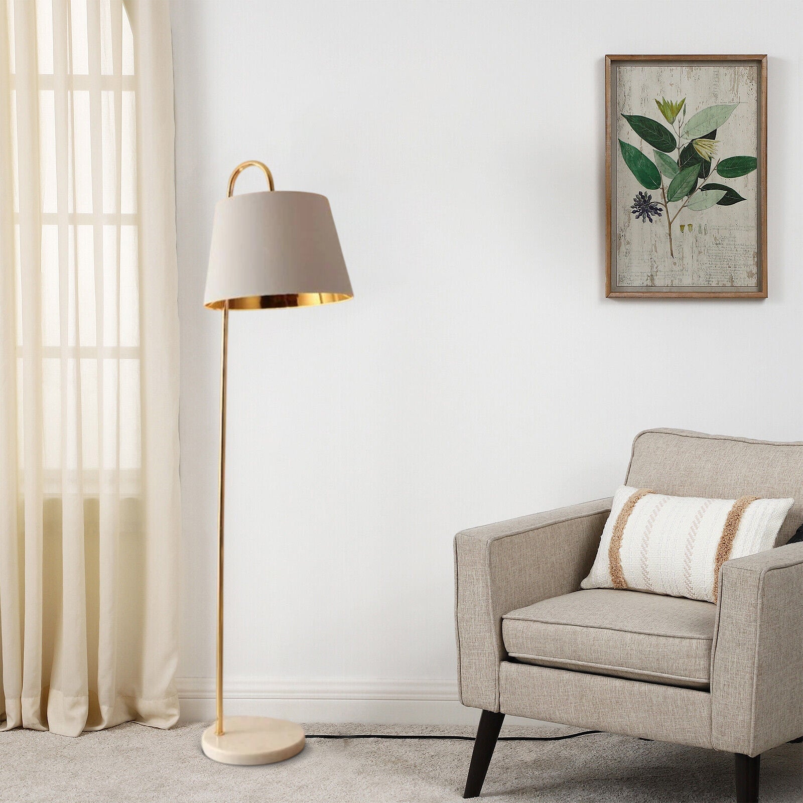 Verola Modern Arched Floor Lamp - Black/White Metal with Fabric Shade Living Room - Flindria
