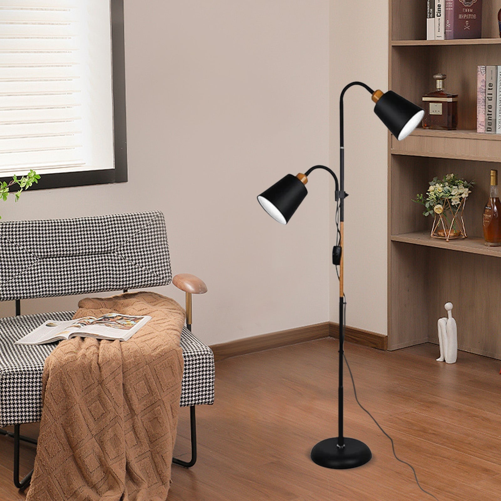 Modern Double Head Floor Lamp — Black/White Metal with Adjustable Living Room - Flindria