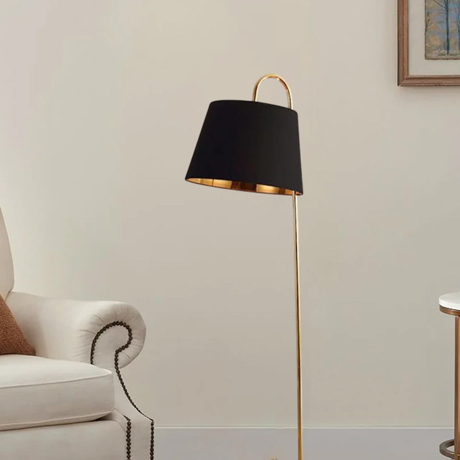 Verola Modern Arched Floor Lamp - Black/White Metal with Fabric Shade Living Room - Flindria