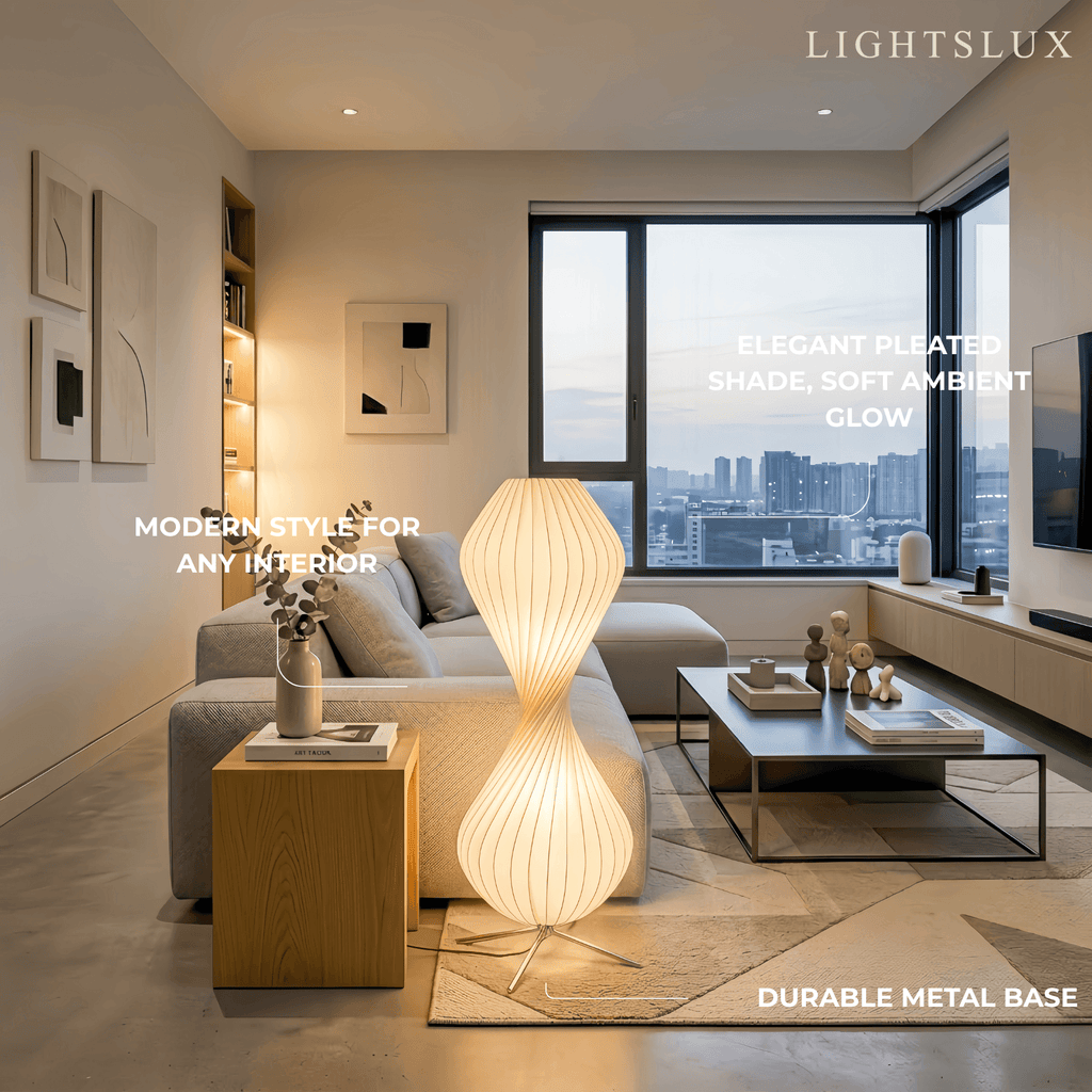 Art Deco Floor Lamp – White Pleated Fabric & Metal for Bedroom - Flindria
