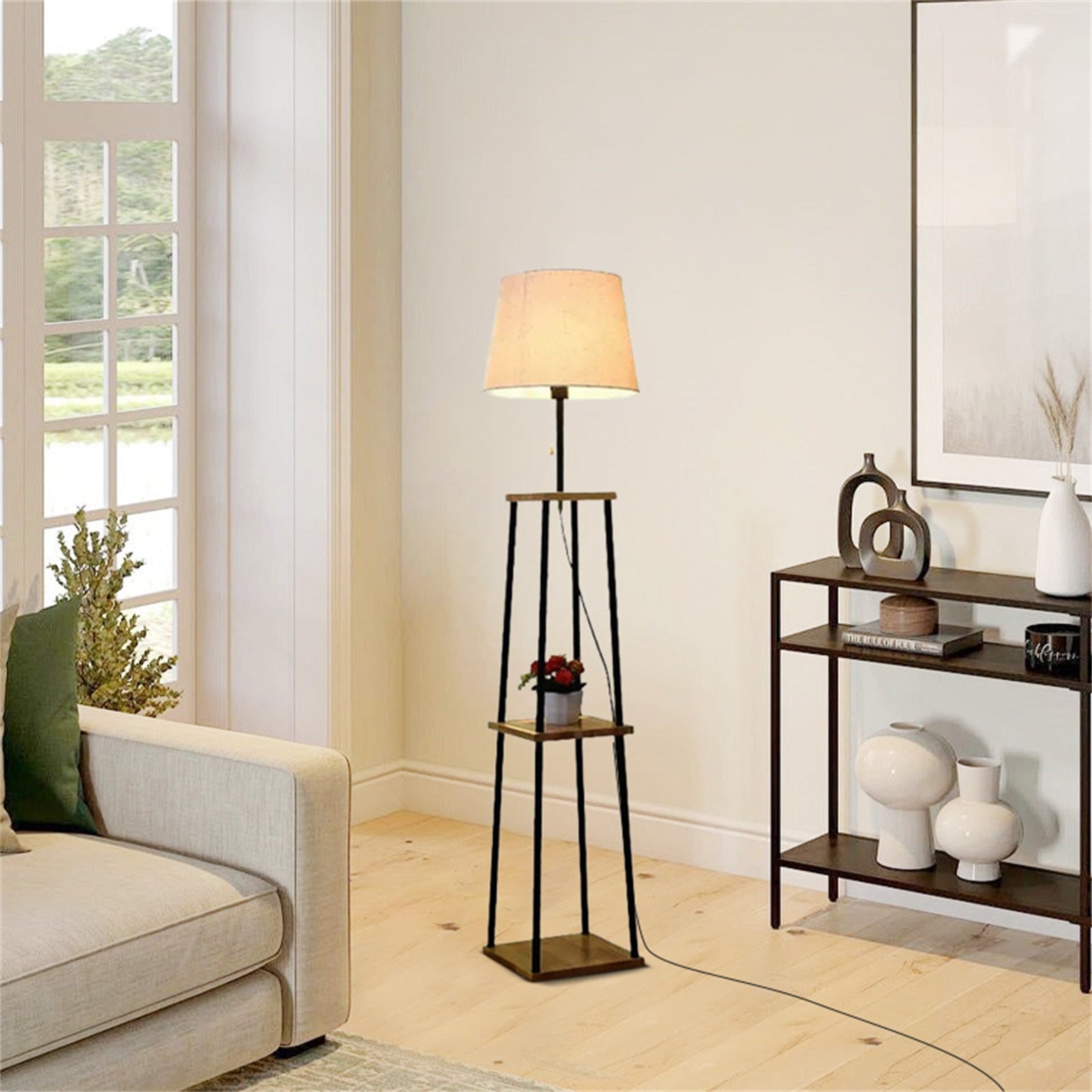 Modern Floor Lamp with Fabric Shade — Black Metal for Dining Room - Flindria