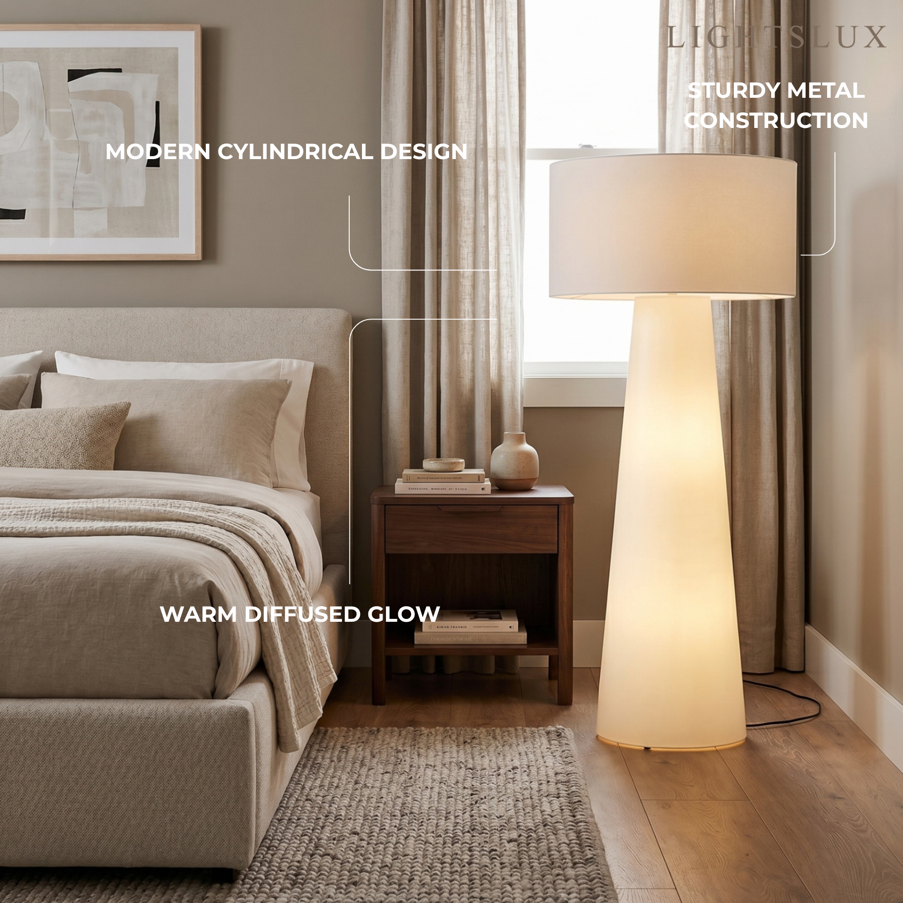 Lampe sur pied cylindrique minimaliste - Métal blanc et tissu pour salon - Flindria