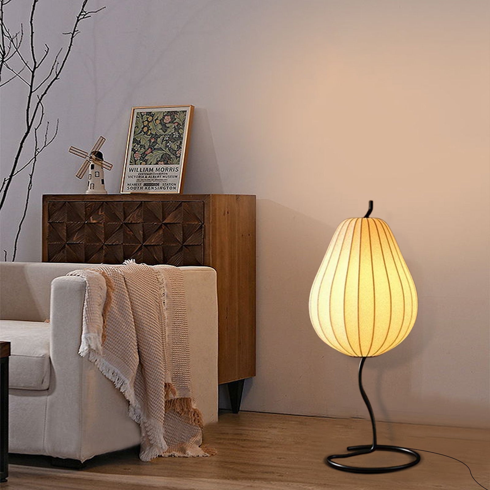 Japanese Style Floor Lamp with Pear-Shaped — White Metal for Bedroom - Flindria