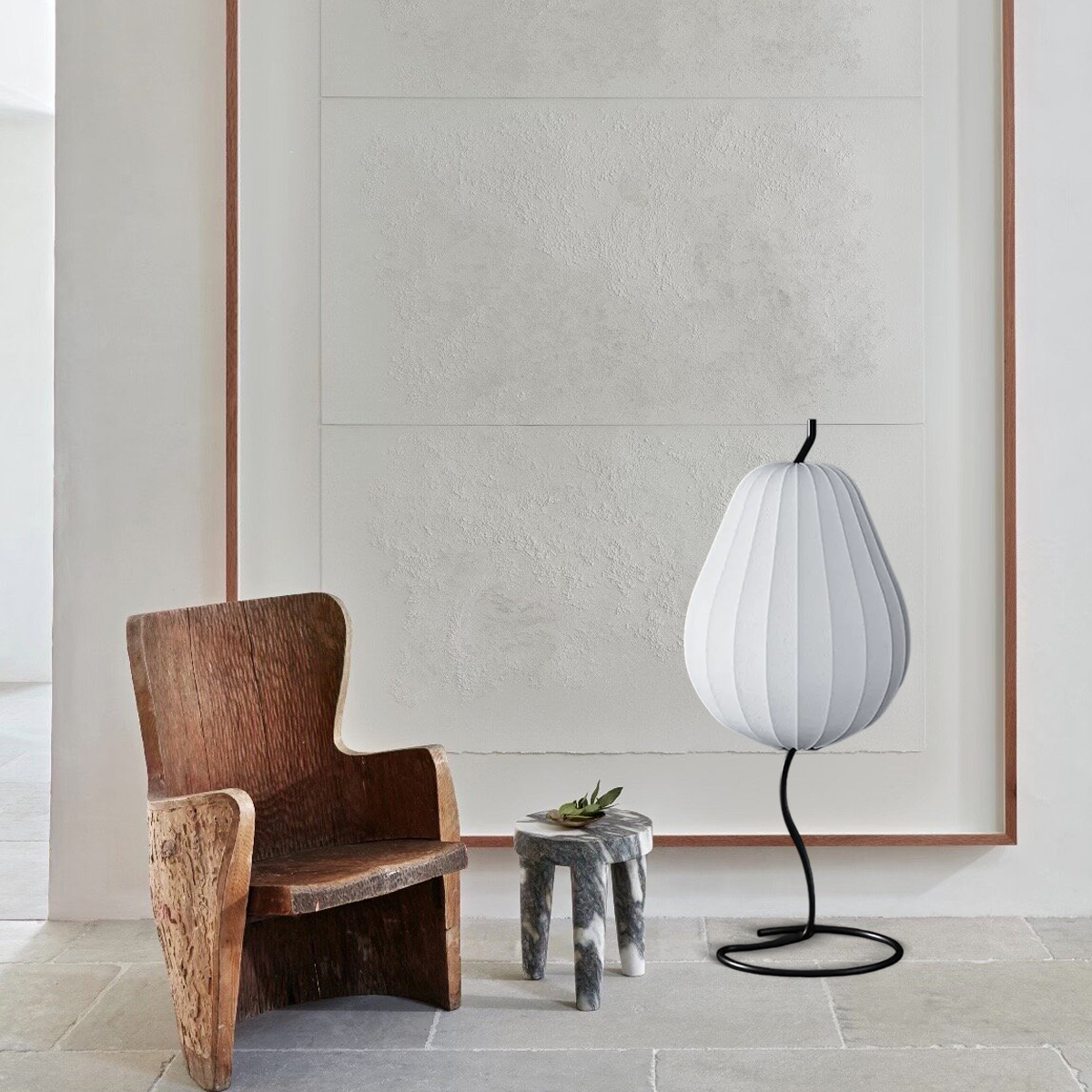 Japanese Style Floor Lamp with Pear-Shaped — White Metal for Bedroom - Flindria