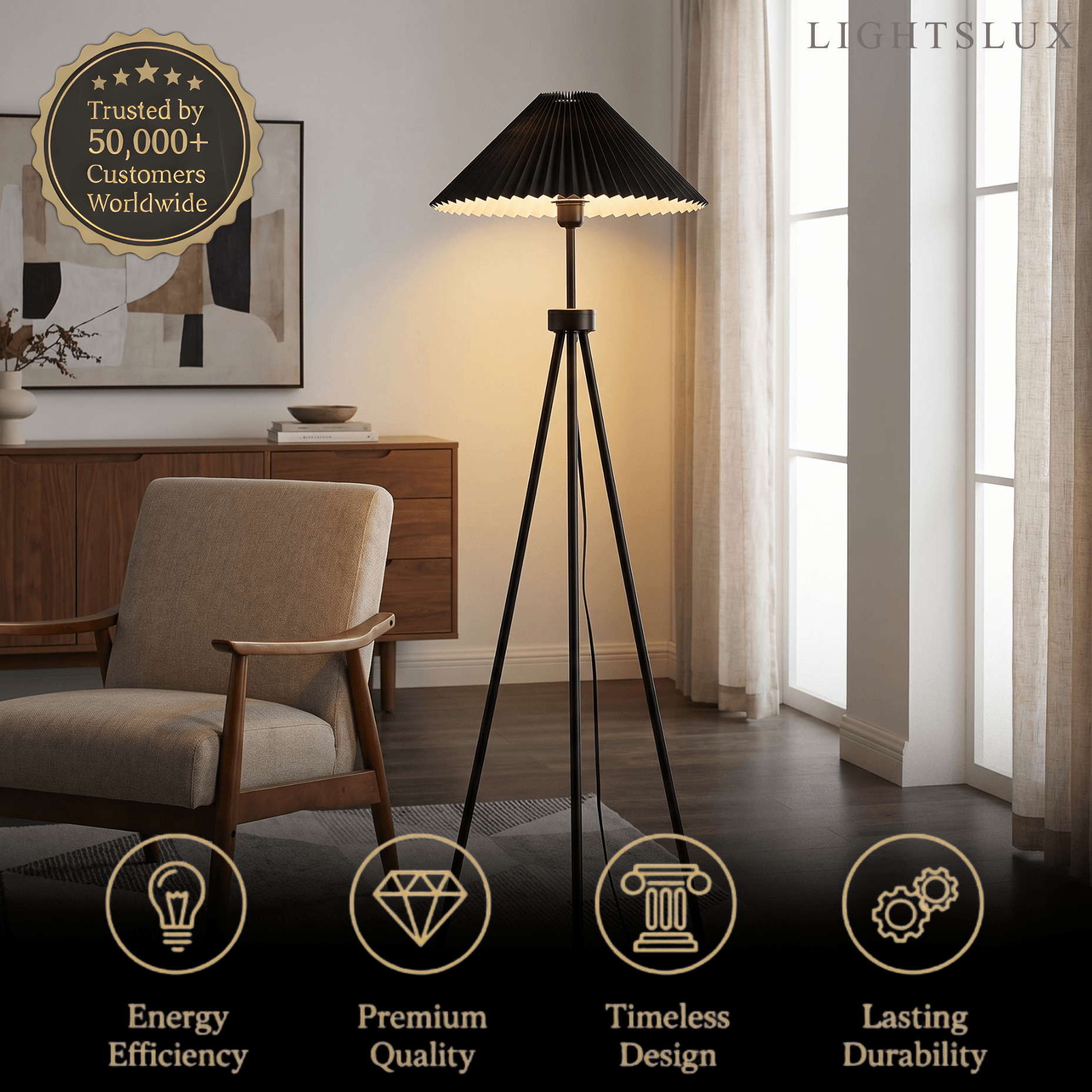 Lampadaire moderne - Métal noir trépied avec tissu plissé pour chambre - Flindria