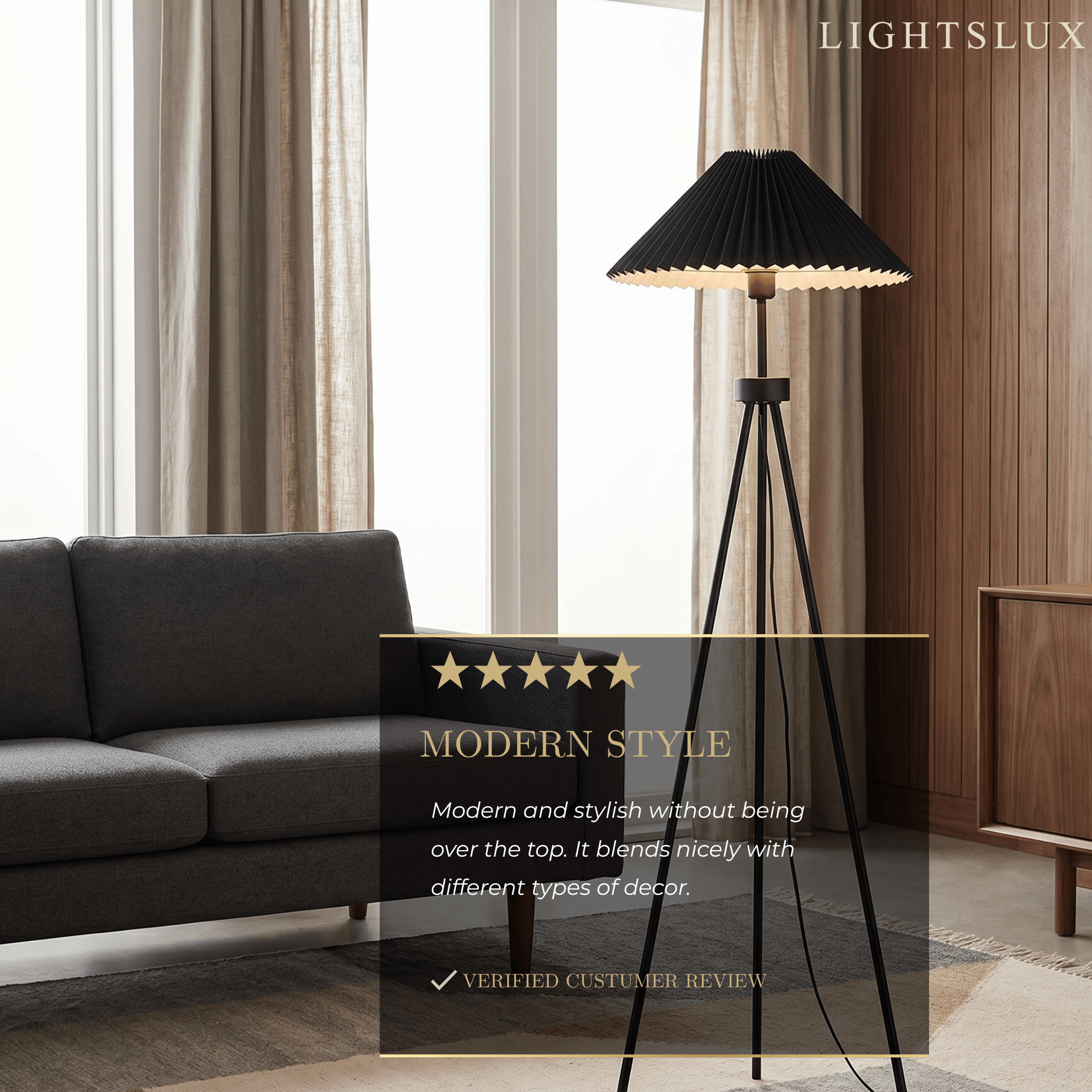Lampadaire moderne - Métal noir trépied avec tissu plissé pour chambre - Flindria