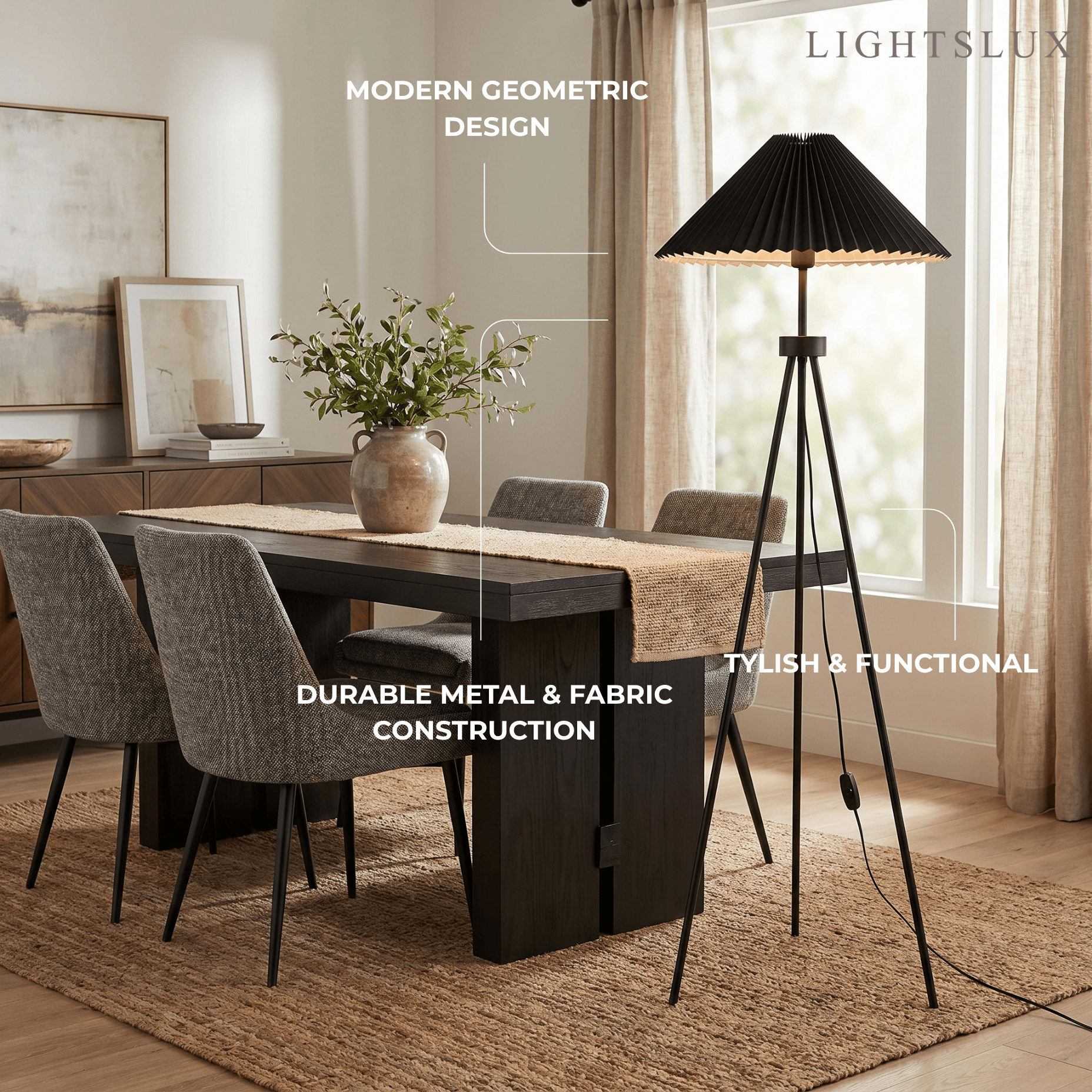 Lampadaire moderne - Métal noir trépied avec tissu plissé pour chambre - Flindria