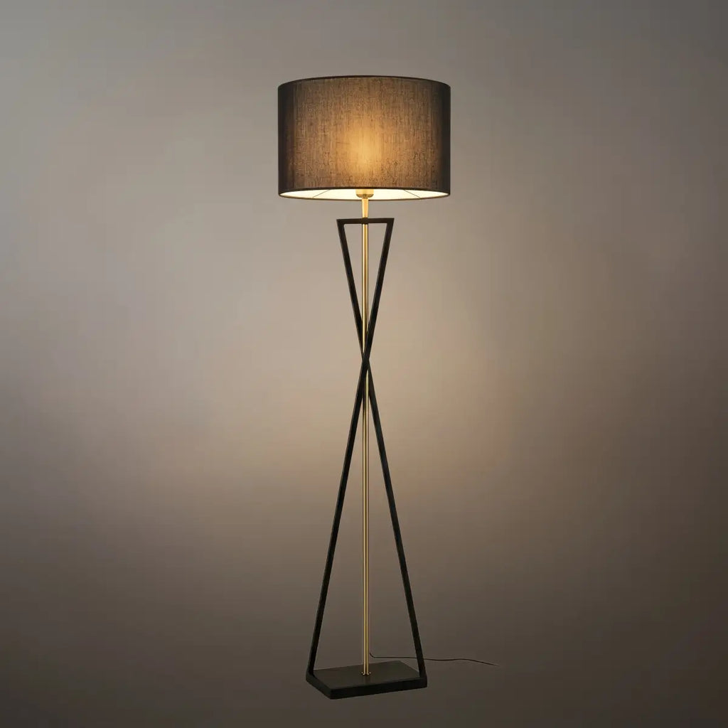 Modern Floor Lamp with Cylindrical Fabric Shade — Beige Metal for Bedroom - Flindria