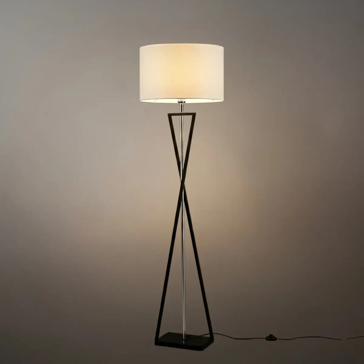 Modern Floor Lamp with Cylindrical Fabric Shade — Beige Metal for Bedroom - Flindria