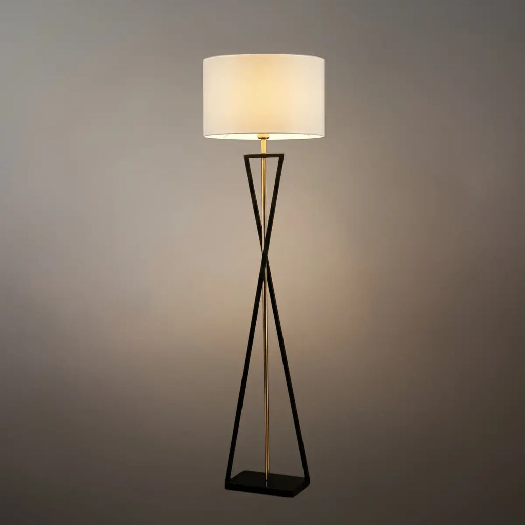 Modern Floor Lamp with Cylindrical Fabric Shade — Beige Metal for Bedroom - Flindria