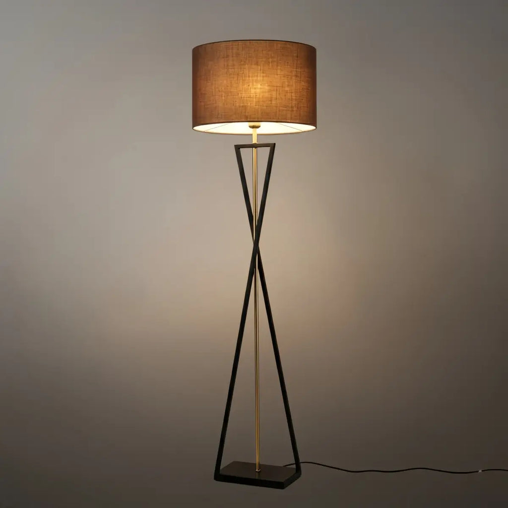 Modern Floor Lamp with Cylindrical Fabric Shade — Beige Metal for Bedroom - Flindria