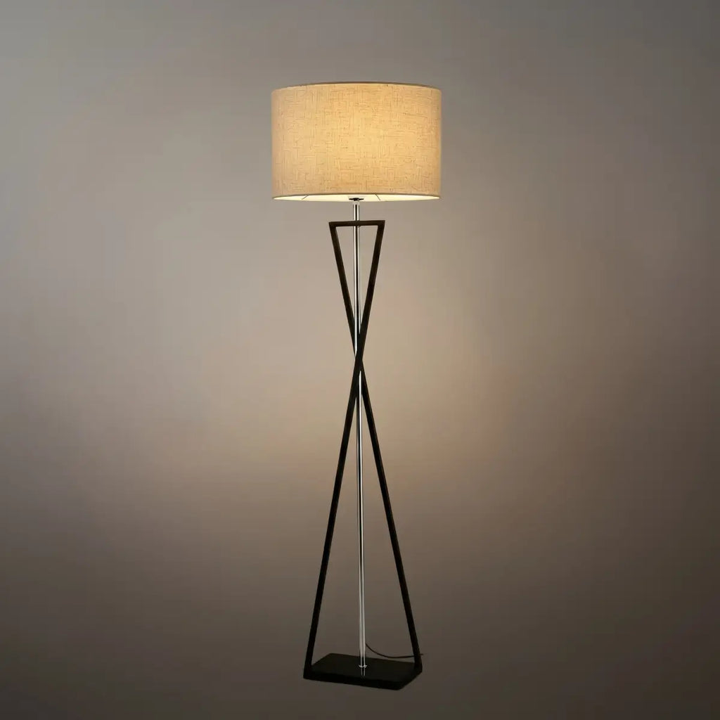 Modern Floor Lamp with Cylindrical Fabric Shade — Beige Metal for Bedroom - Flindria