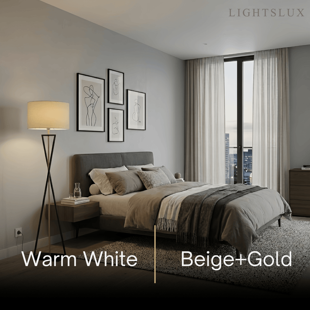 Modern Floor Lamp with Cylindrical Fabric Shade — Beige Metal for Bedroom - Flindria