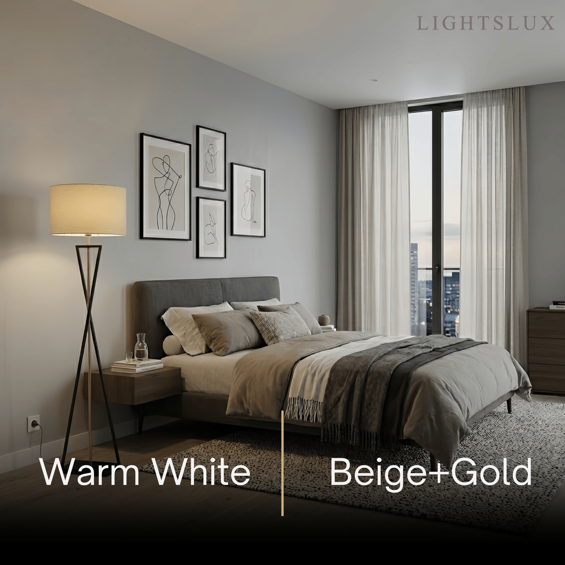 Modern Floor Lamp with Cylindrical Fabric Shade — Beige Metal for Bedroom - Flindria