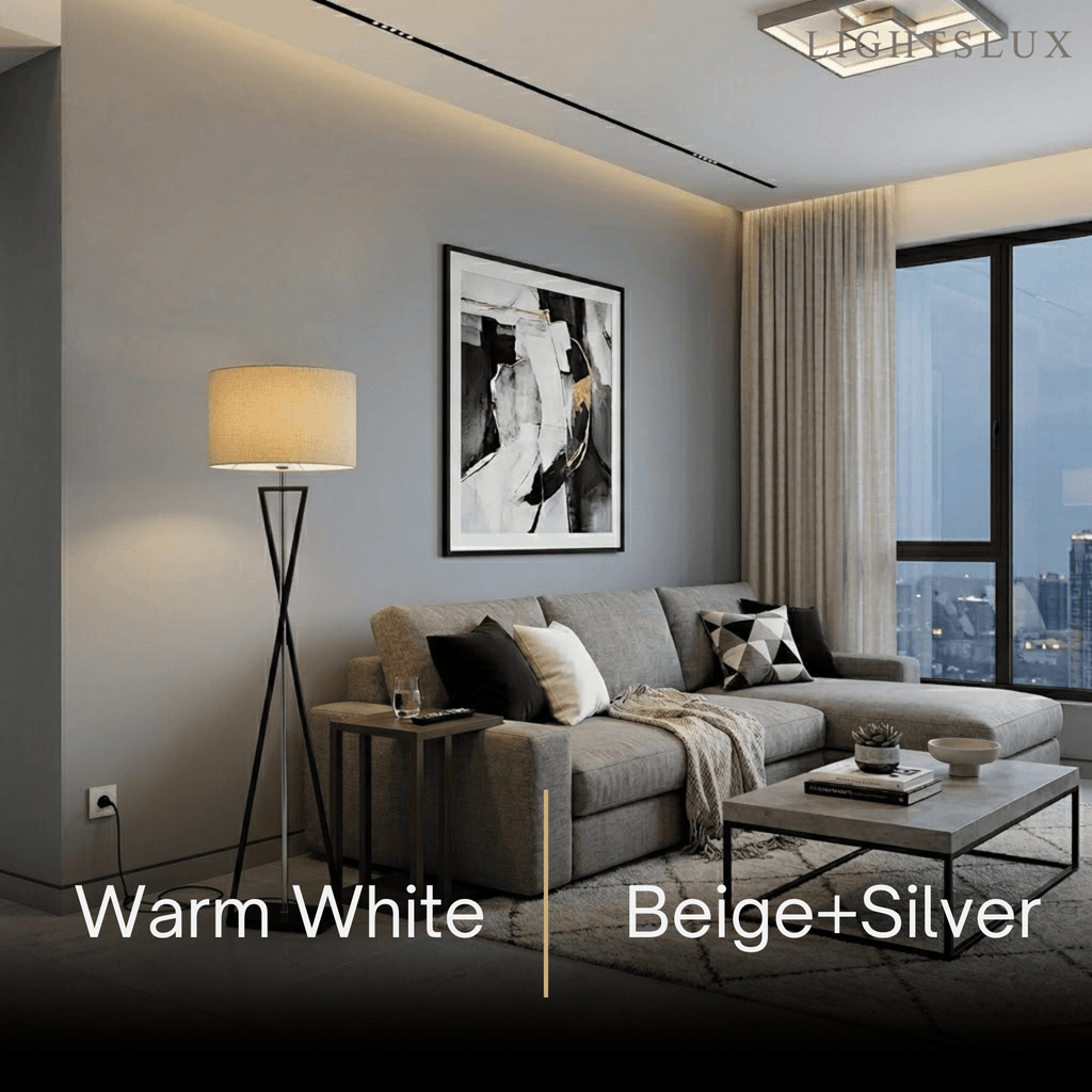 Modern Floor Lamp with Cylindrical Fabric Shade — Beige Metal for Bedroom - Flindria