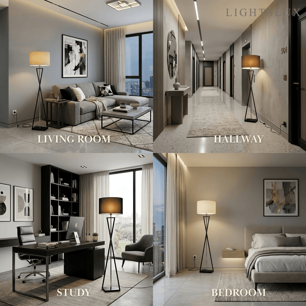 Modern Floor Lamp with Cylindrical Fabric Shade — Beige Metal for Bedroom - Flindria
