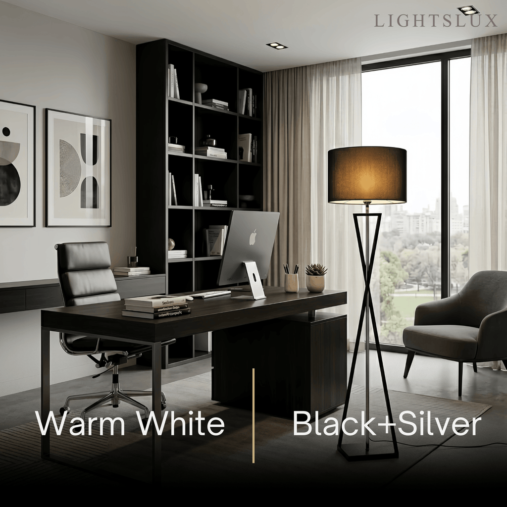 Modern Floor Lamp with Cylindrical Fabric Shade — Beige Metal for Bedroom - Flindria