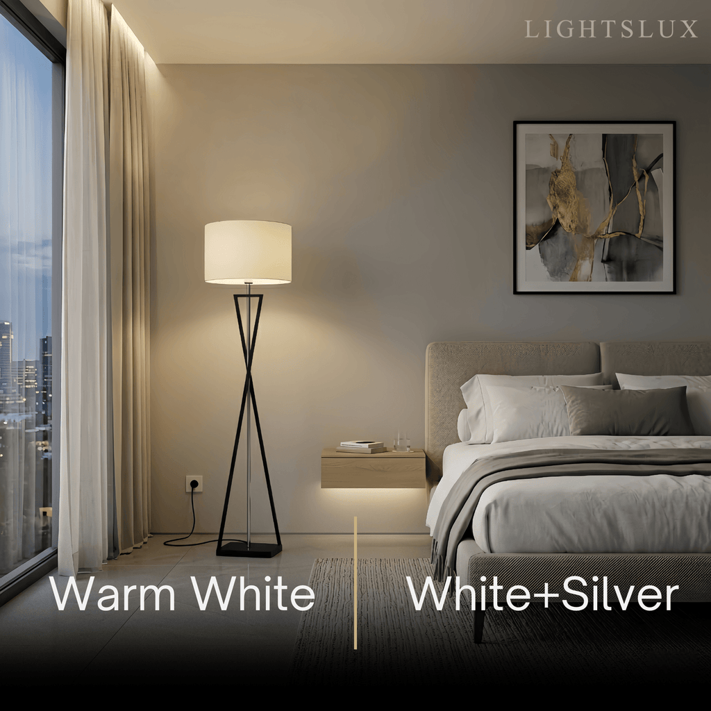 Modern Floor Lamp with Cylindrical Fabric Shade — Beige Metal for Bedroom - Flindria