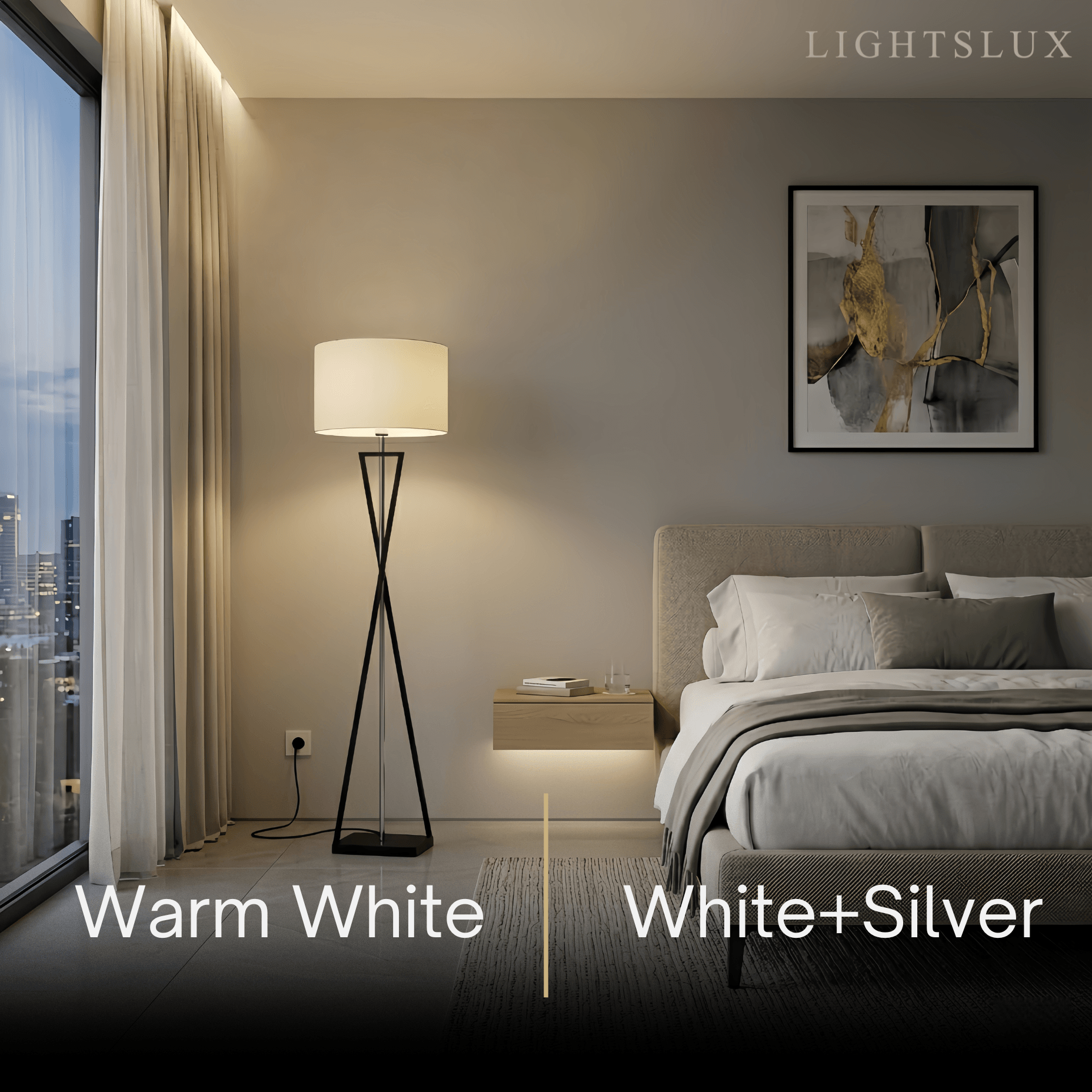 Modern Floor Lamp with Cylindrical Fabric Shade — Beige Metal for Bedroom - Flindria