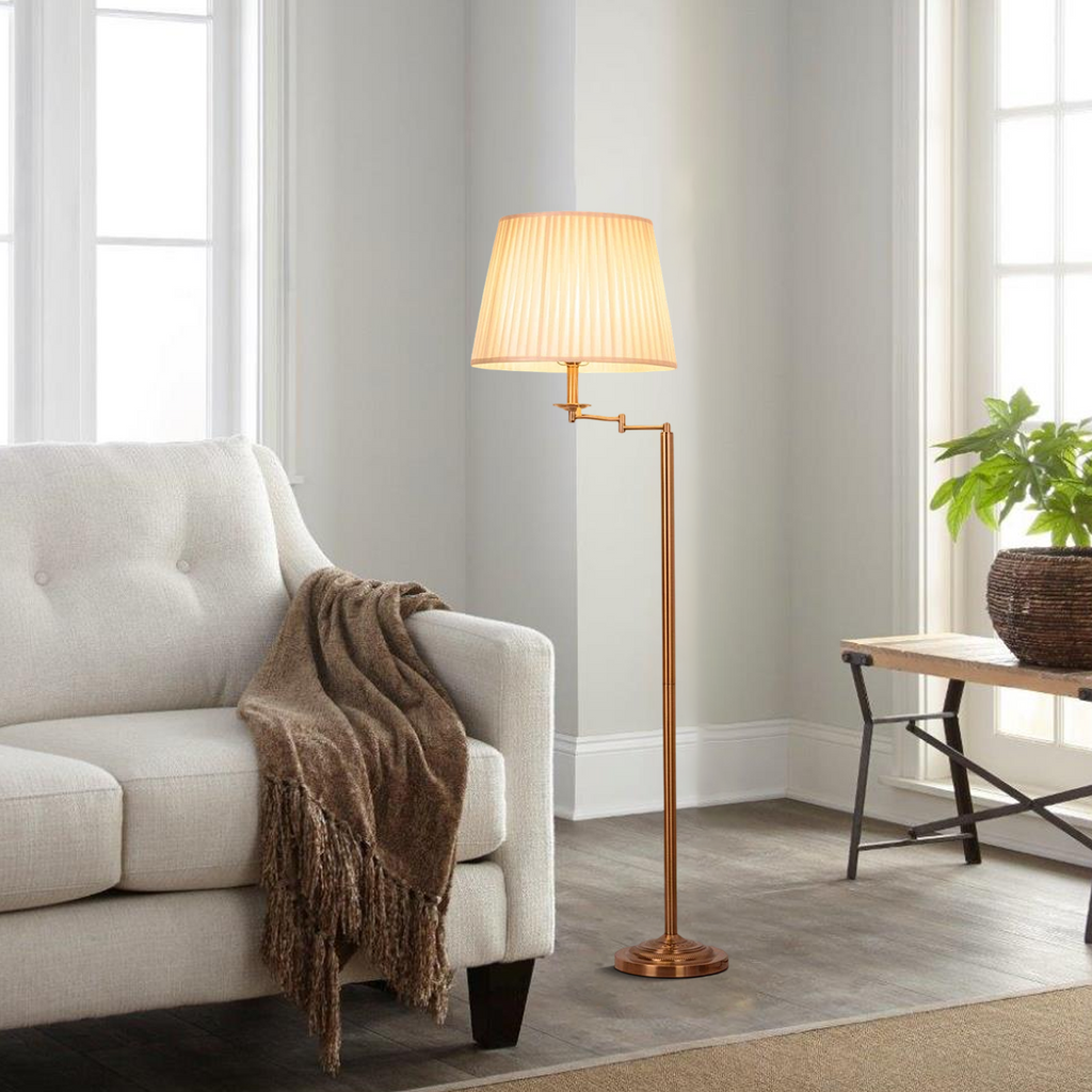 Modern Floor Lamp — Brass Metal & Fabric Cylinder Shade Living Room - Flindria