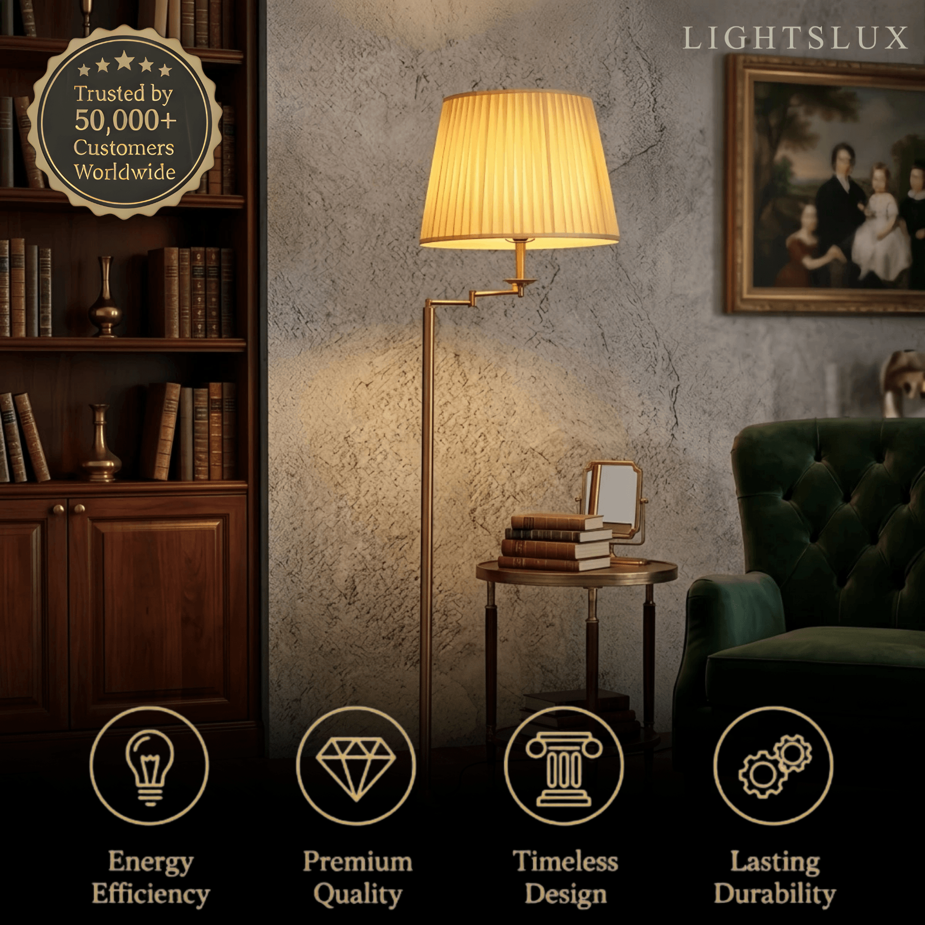 Lampe sur pied moderne — Métal en laiton et abat-jour cylindrique en tissu pour salon - Flindria