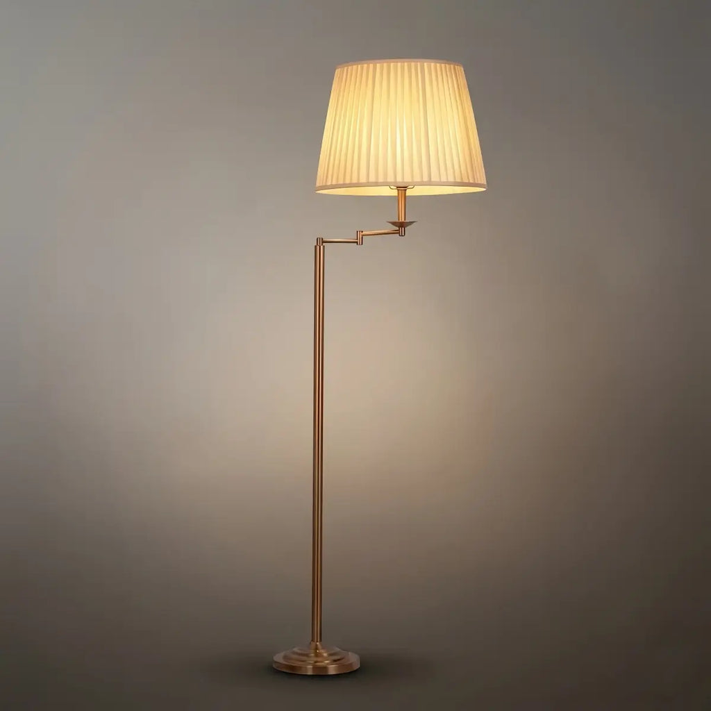 Modern Floor Lamp — Brass Metal & Fabric Cylinder Shade Living Room - Flindria