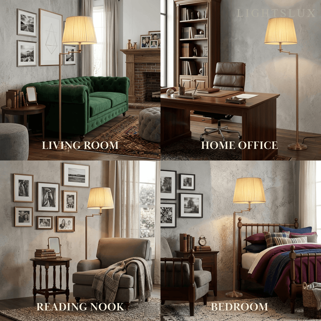 Modern Floor Lamp — Brass Metal & Fabric Cylinder Shade Living Room - Flindria