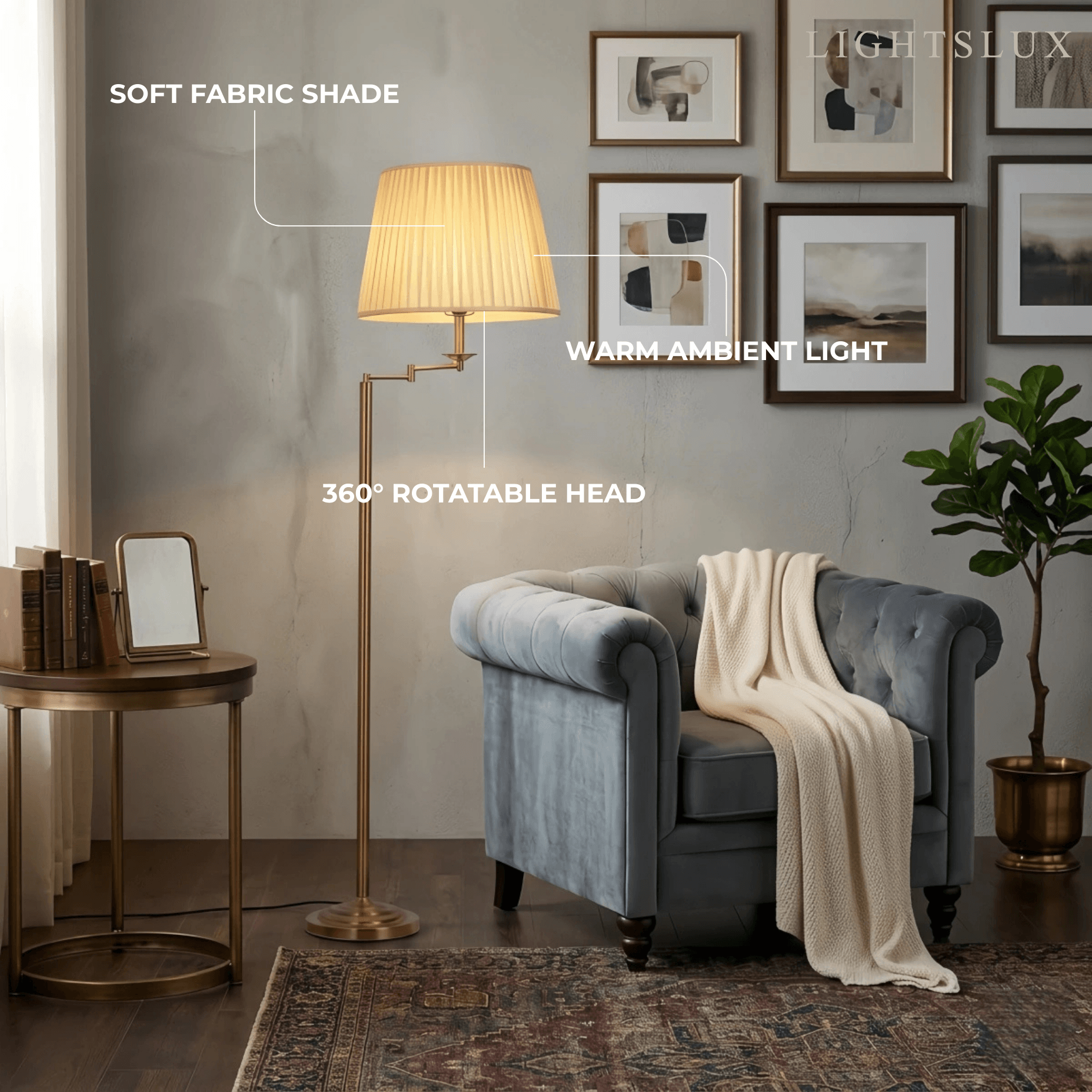 Lampe sur pied moderne — Métal en laiton et abat-jour cylindrique en tissu pour salon - Flindria