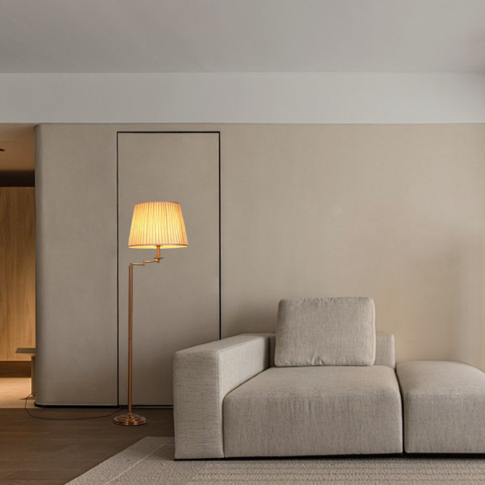 Modern Floor Lamp — Brass Metal & Fabric Cylinder Shade Living Room - Flindria