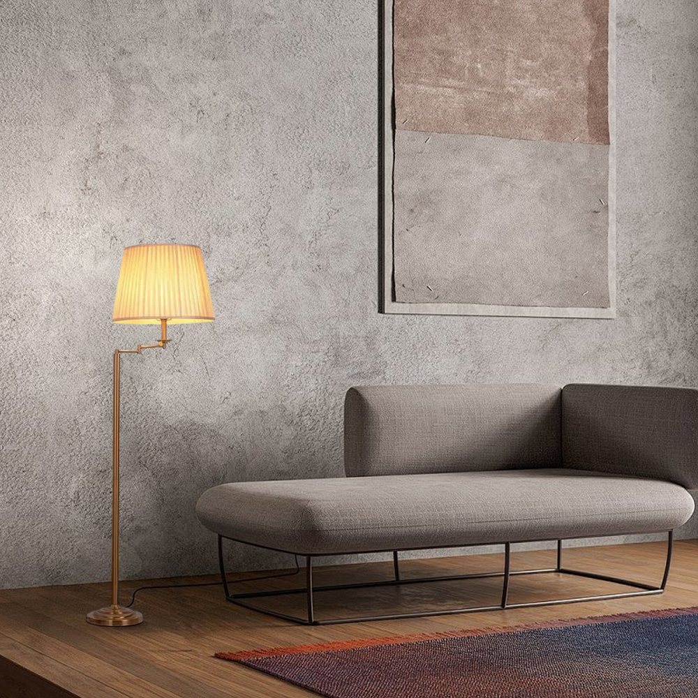 Modern Floor Lamp — Brass Metal & Fabric Cylinder Shade Living Room - Flindria