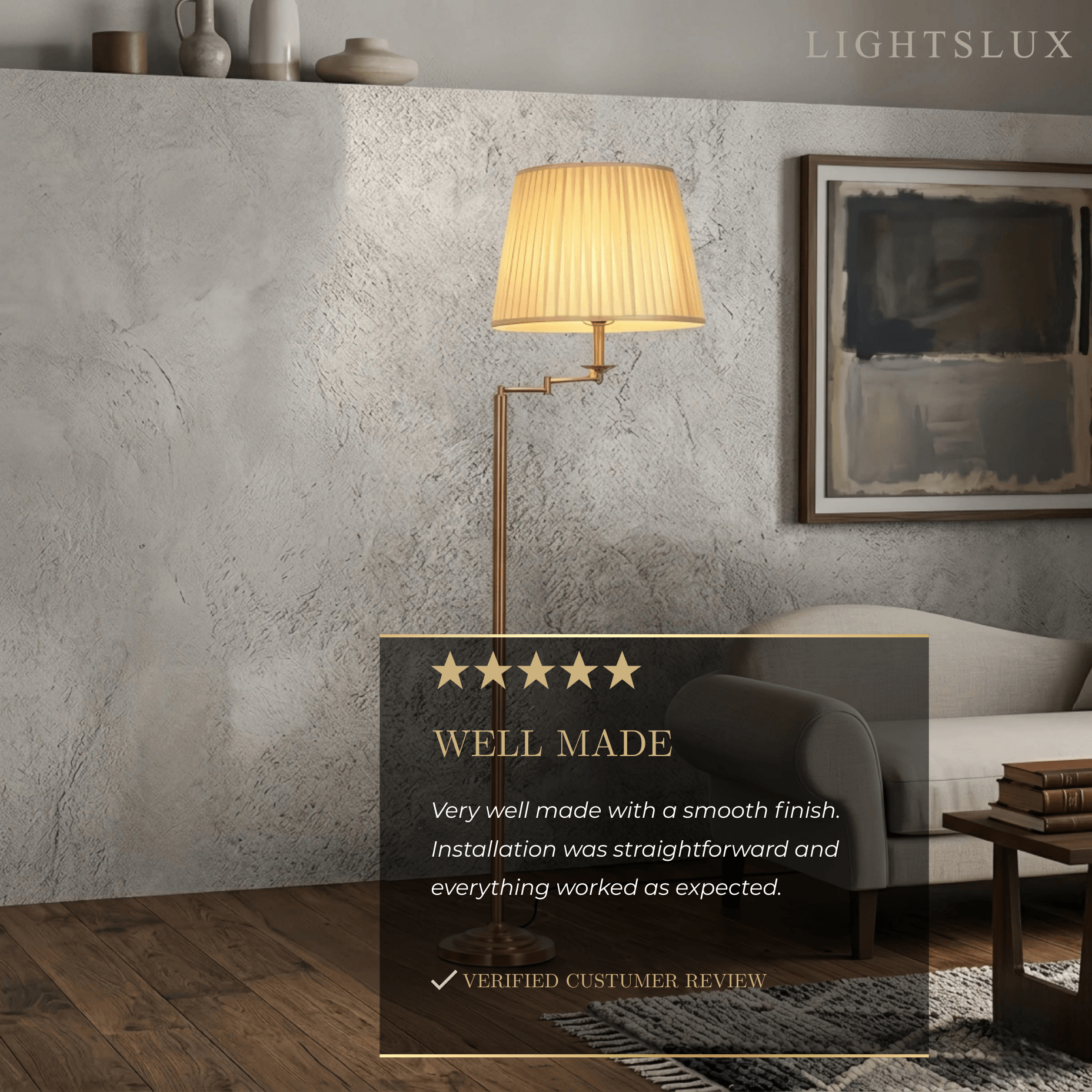 Lampe sur pied moderne — Métal en laiton et abat-jour cylindrique en tissu pour salon - Flindria