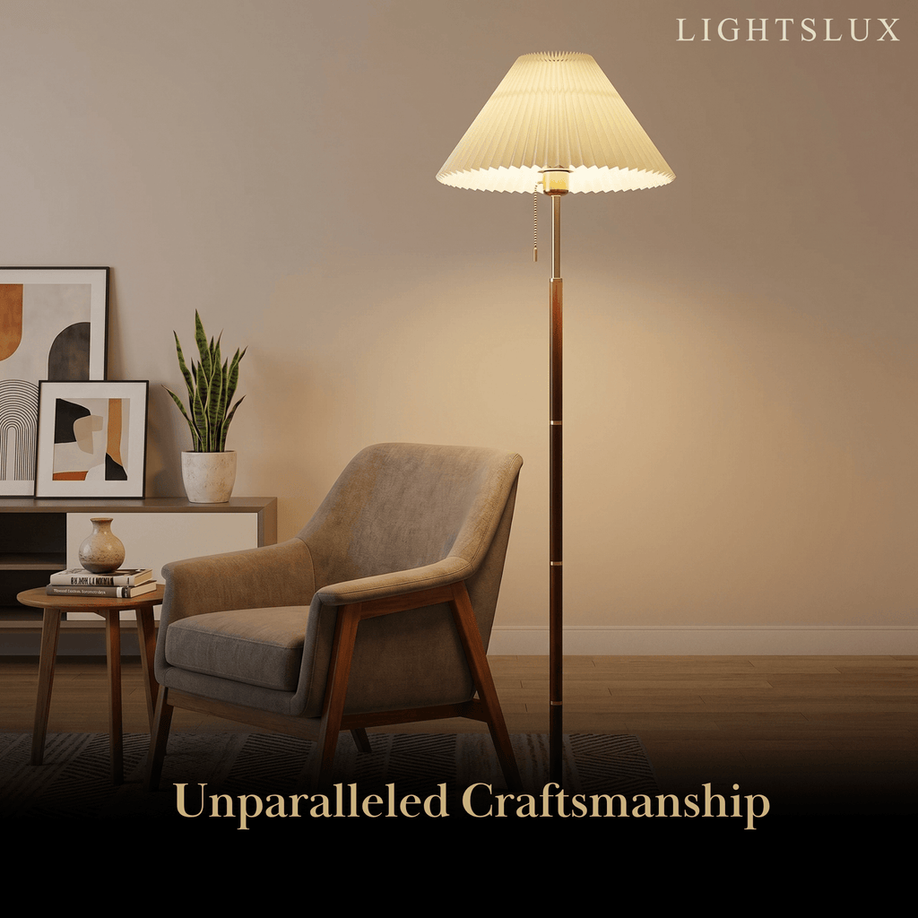 Modern Floor Lamp — White Pleated Metal Fabric with Hooded Shade for Bedroom - Flindria