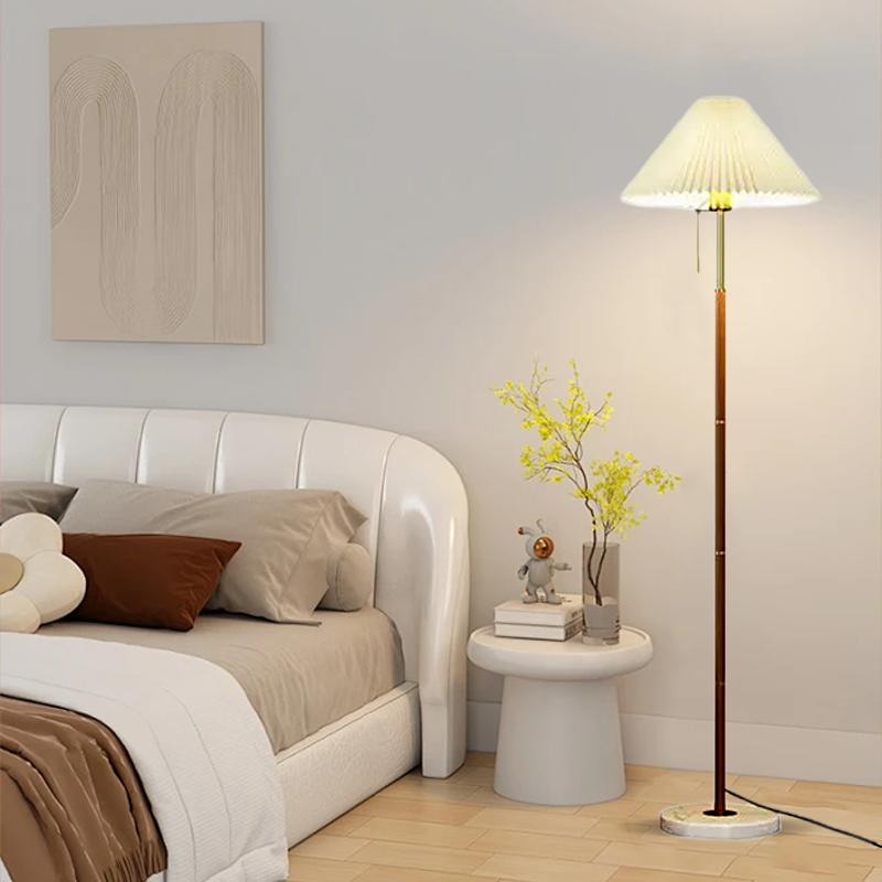 Modern Floor Lamp — White Pleated Metal Fabric with Hooded Shade for Bedroom - Flindria