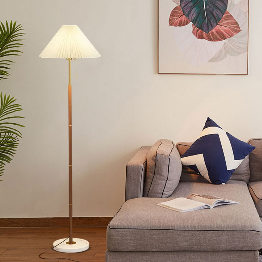 Modern Floor Lamp — White Pleated Metal Fabric with Hooded Shade for Bedroom - Flindria